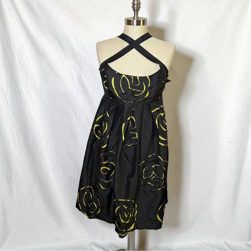 Y2K 100% Silk Black & Yellow Floral Halter Dress